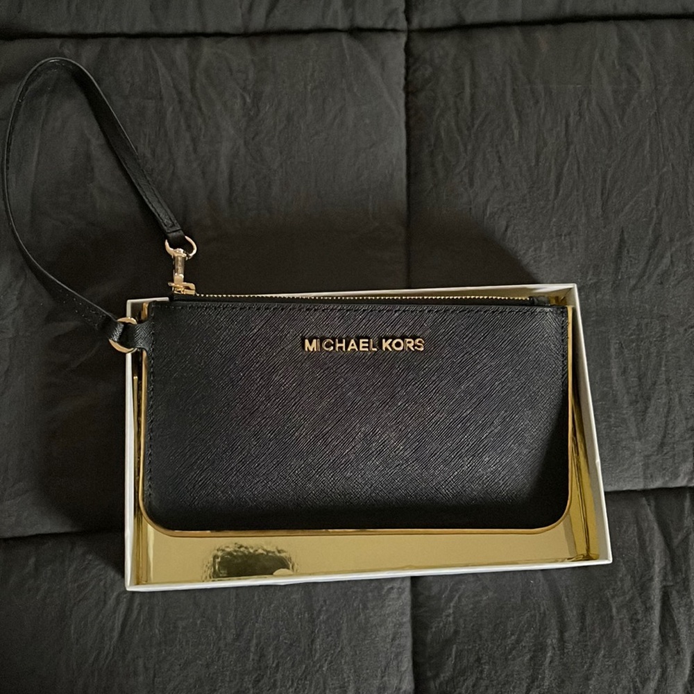 Michael kors wristlet, black with gold trim